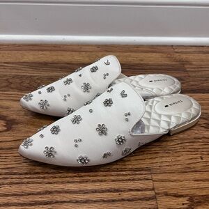 Birdies Women’s Mules Flat Satin Bridal Crystal Embellished Dove White S…